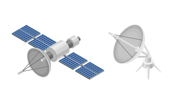 Space orbital satellite and dish antenna, wireless communication equipments isometric vector illustration