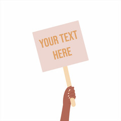 Caucasian white woman lift up a sign with blank space for your text. Concept of demonstration and advertisement. Empty space for any information. Ready for web banners, print.  Vector illustration
