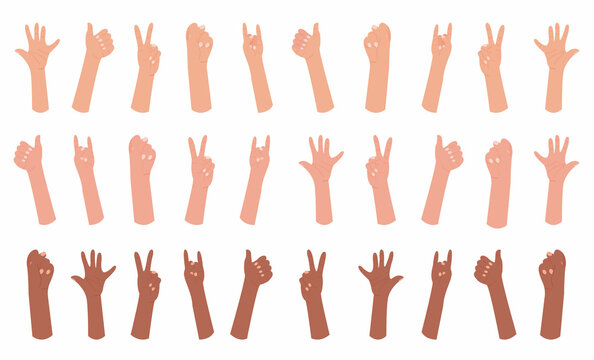 Collection of multiracial hands with different gestures. Set for creating your own web banner or poster. Vector illustration
