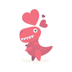 Dinosaur in love. Cute dinosaur and hearts. Dinosaur cartoon character illustration. Part of set.