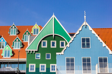 Facades of traditional dutch houses in Zaandam, Netherlands