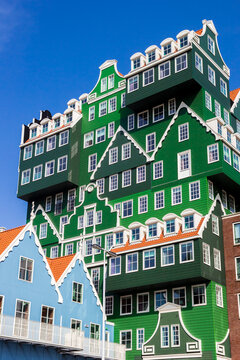 Little green houses forming a new building in Zaandam, Netherlands