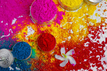 Organic Gulal colors in silver bowl for Holi festival