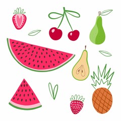 Fruits and berries hand drawn illustrations set. Exotic delicacy slices. Vegetarian food vector drawings pack. Natural dessert isolated cliparts. Juicy dessert, vitamin diet, organic meal