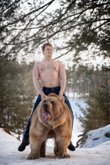 Caucasian man with a naked torso sits astride brown bear in winter forest. The theme of the...