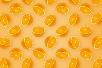 Oranges Fruit and Oranges Slices Healthy Food on orange wallpaper background