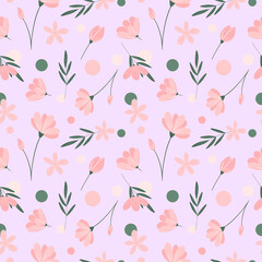 Delicate floral seamless pattern on pastel pink background. Pink flowers, green leaves, circles repeat print. Cute hand drawn ornament for textile, fabric, wallpaper, wrapping paper and decoration.