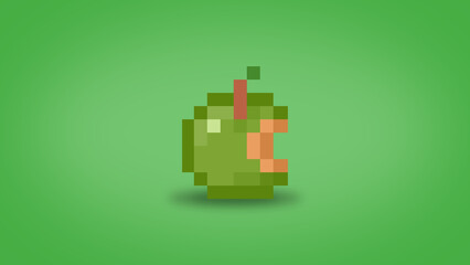 Obraz premium Pixel 8 bit green apple with a bite taken out background - high res 4k wallpaper