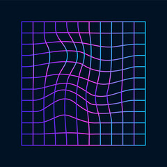A distorted holographic grid inside an even square. Vector illustration of abstract design with violet blue gradient. Mesh with warp effect inside.