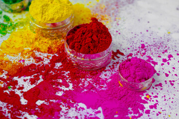 Organic Gulal colors in silver bowl for Holi festival