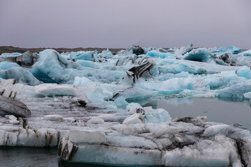 Playa de icebergs, hielo derritiéndose, hielo azul en la playa.