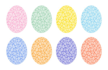 Set of Easter egg icons. Simple cartoon flat vector illustration with egg silhouettes with floral pattern print, isolated on white.
