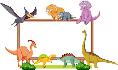 Group of dinosaurs around board on white background © blueringmedia