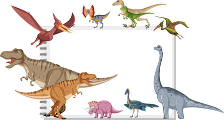 Group of dinosaurs around note on white background © blueringmedia