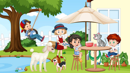 Obraz na płótnie Canvas Scene of backyard with kids and fence