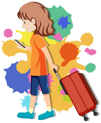 Happy girl pulling luggage on colorful background