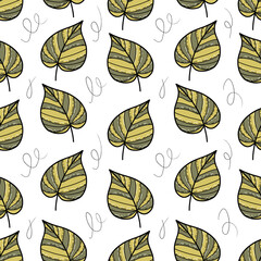 Seamless vector pattern with leaves and doodle on white background