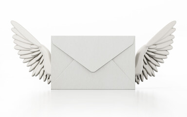 Envelope with angel wings isolated on white background. 3D illustration