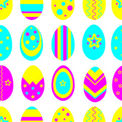 Vector seamless pattern: multicolor easter eggs in pink, blue, yellow colors. Joyful cartoon design for holiday textile, wrapping paper, wallpaper. 