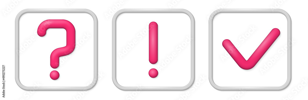 Aufkleber 3d cartoon exclamation question and check mark icon. online symbols set concept render symbol design