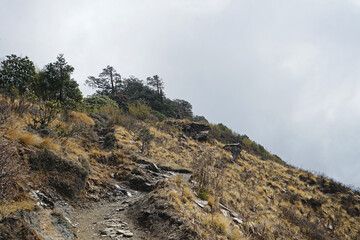 Rocky trail pathway with natural landscape of snowy mountain view and cloudy blue sky to Annapurna Himalayan range- Nepal