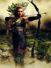 Young woman with a bow and arrow standing on a meadow near a small green tree. 3D render - the woman in the image is a 3D object.  - 490275634