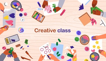 Childrens hands at art and craft class, painting, drawing, making paper origami at desk, top view. Creative kids lesson background with brushes, pencils, paints. Colored flat vector illustration