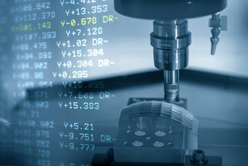 The abstract scene CNC milling machine rough cutting the injection mold parts and G-code data background.