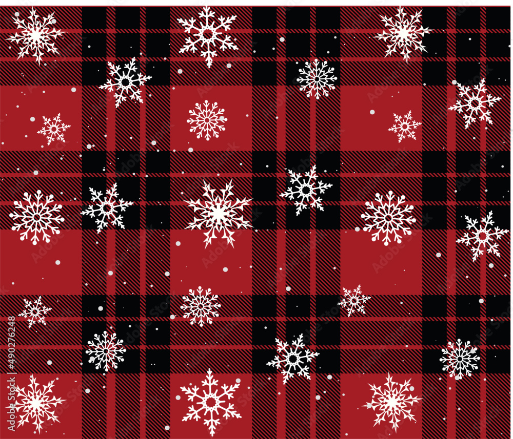 Wall mural vector snowy snowflake flakes seamless pattern winter pattern red background plaid, plaid pattern ve