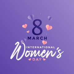 8 March International Women's Day Vector Illustration Concept. Happy Women's Day Calligraphy. 8 March Text Design with Purple and Pink Love Cutout. Template for Web, Poster, Banner, Flyer, or Card