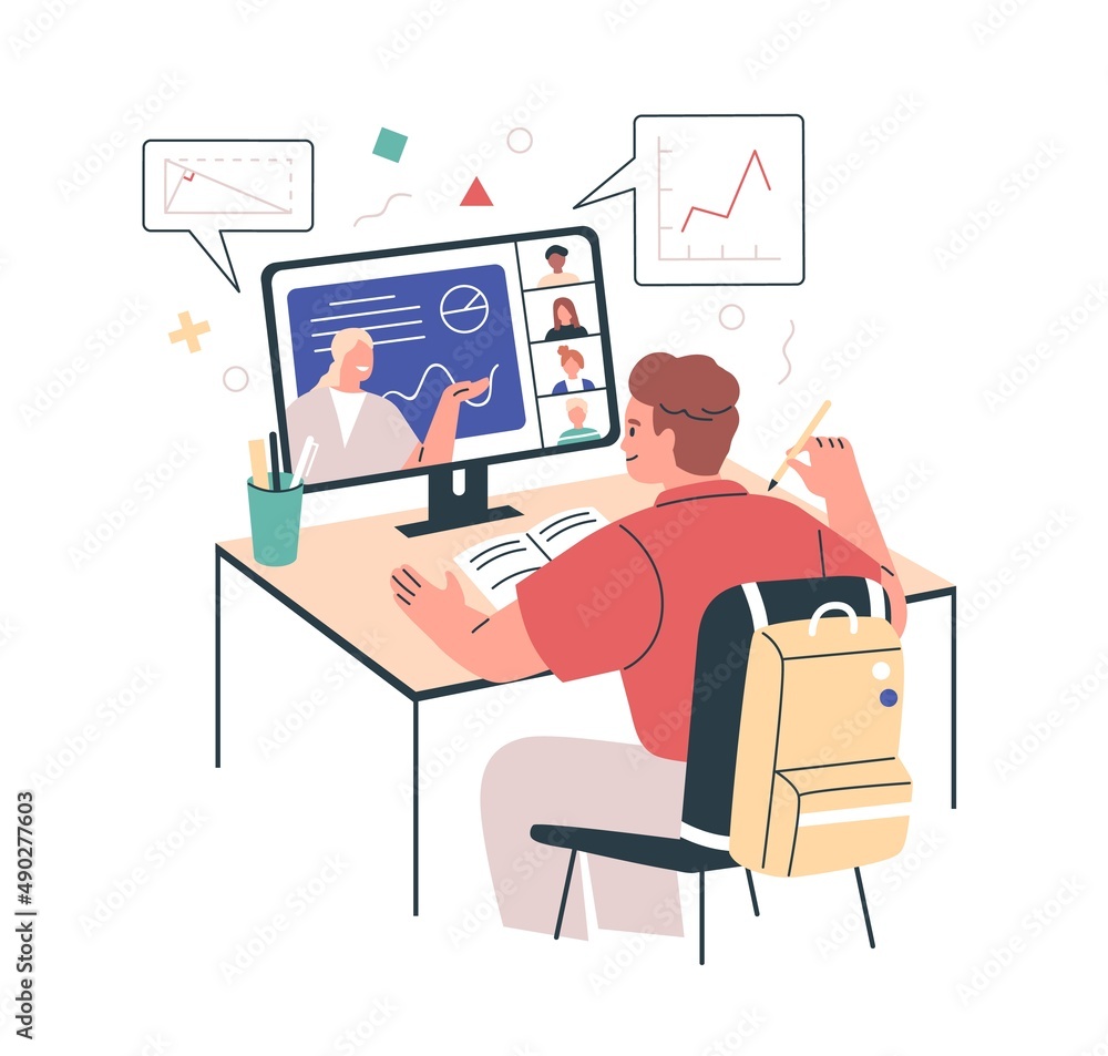 Poster online school education, elearning concept. child at lesson at laptop at home. kid studying at inter