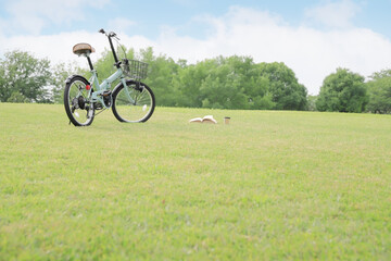 自転車で自然を満喫しながら芝生の上で読書をする
