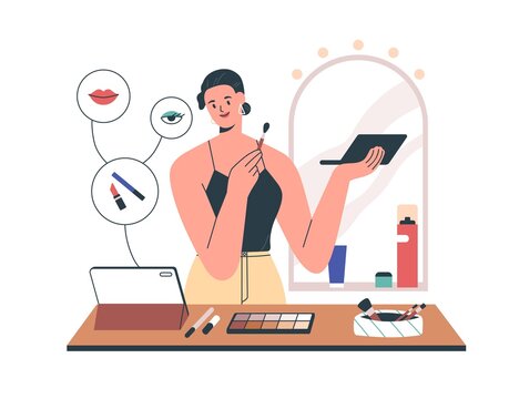 Woman watching online makeup tutorial. Person learning at beauty course via internet. Happy female with cosmetic at remote make-up class. Flat vector illustration isolated on white background