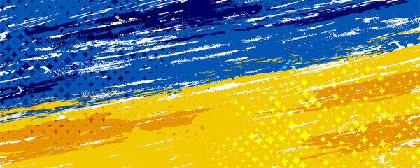 Ukraine Flag with Brush Concept and Halftone Style. Flag of Ukraine in Grunge Style. Pray for Ukraine. Hand Painted Brush Flag of Ukraine Country