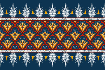 Yellow Flower on Navy Blue, Red Geometric ethnic oriental pattern traditional Design for background,carpet,wallpaper,clothing,wrapping,Batik,fabric, illustration embroidery style