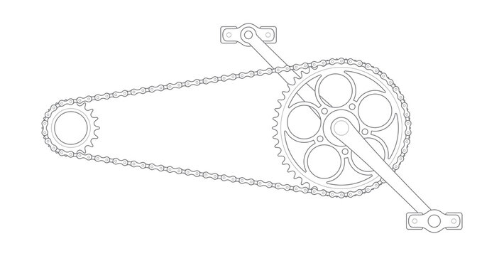 Vector black line vintage bicycle crank with chain. Fixed gear. Single Speed. Isolated on white background.