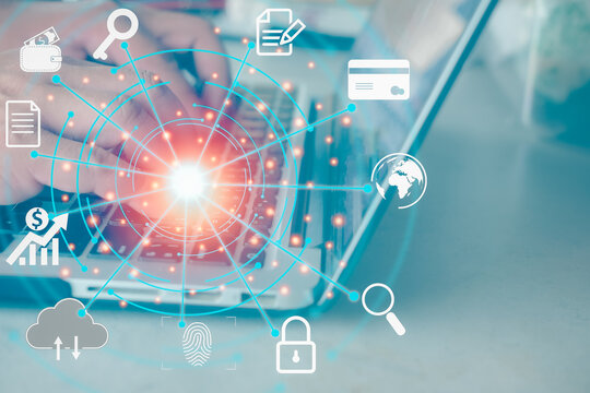 Man using a computer to AR virtual screen dashboard