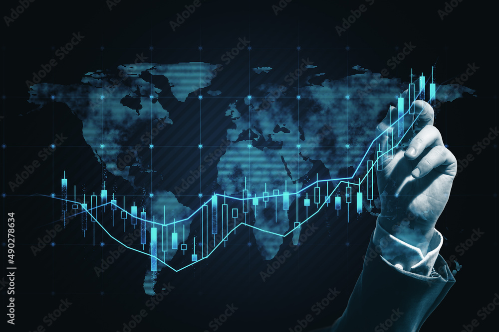 Poster close up of businessman hand pointing at glowing map and forex chart hologram on dark background. tr
