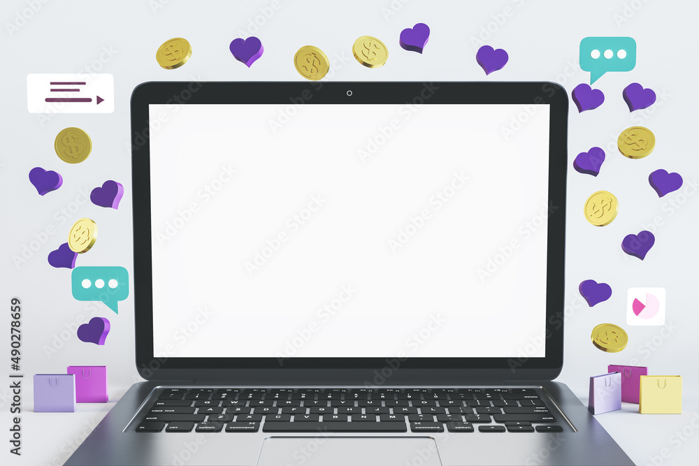 Poster Close up of empty white mock up laptop computer screen with online shopping icons. Ecommerce and buy concept. 3D Rendering.