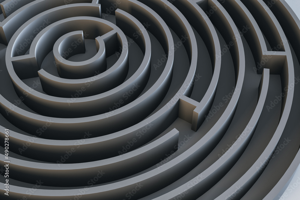 Aufkleber Top view of round maze background. Solution and way out concept. 3D Rendering.