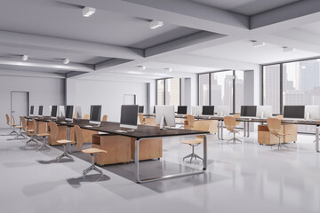 Clean concrete and wooden coworking office interior with equipment, furniture and computer monitors. Design and workplace concept. 3D Rendering.