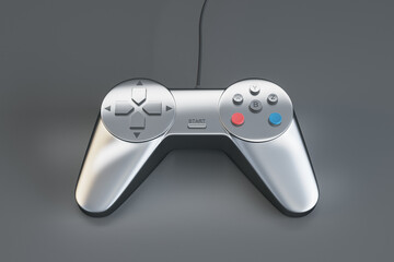 Close up of joystick on gray background. Game and control concept. 3D Rendering.