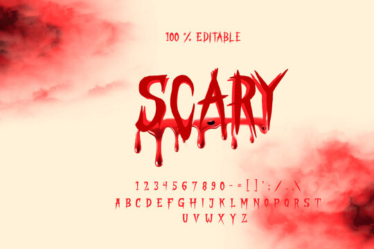 Blood Horror scary movie alphabet font. Typography Blood dripping design for Title, Halloween logo game fonts and number with Blood strike Smoke effect background. vector illustration