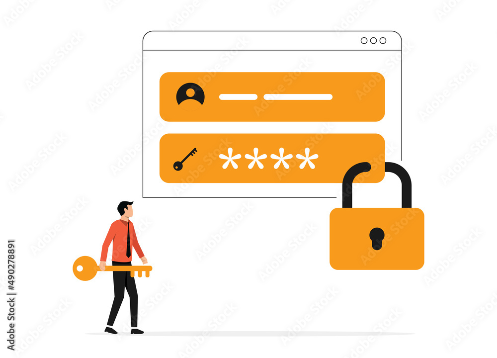 Poster secure login access concept. businessman hold keys for security symbol