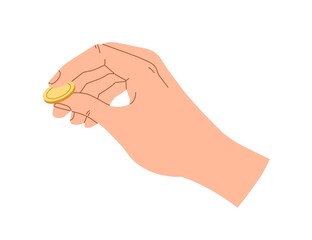 Hand holding coin. Money squeezed in fingers. Cash, dollar change in arm. Gold cent. Finance bonus, cashback, financial donation concept. Flat vector illustration isolated on white background