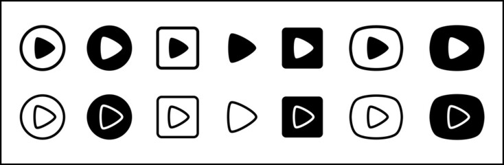 Play button vector icon set. Multimedia music and camera plays buttons collections. Video cinema and audio illustration. Triangle rounded shape style
