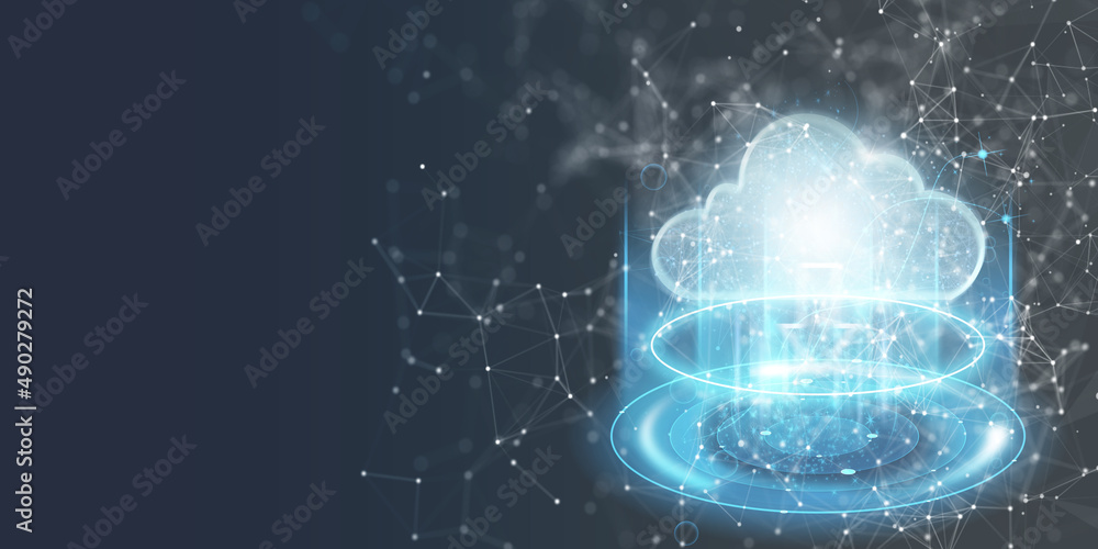 Poster businessman connects to data information via the cloud computing network and connectivity technologi