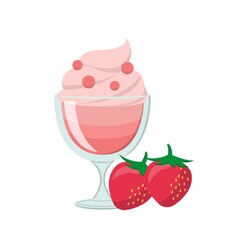 Strawberry flavored fruit sundae with glass cup isolated on white background