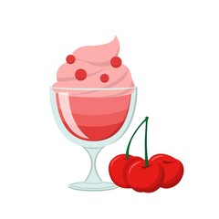 Cherry flavored fruit sundae with glass cup isolated on white background