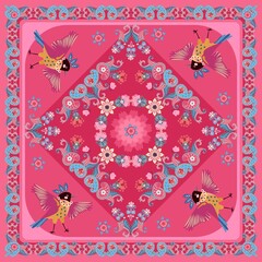 Beautiful composition of flowers, paisley and birds on a crimson and pink background. Wonderful ethnic style print for shawl, carpet, tablecloth, napkin, pillowcase. Vector design.